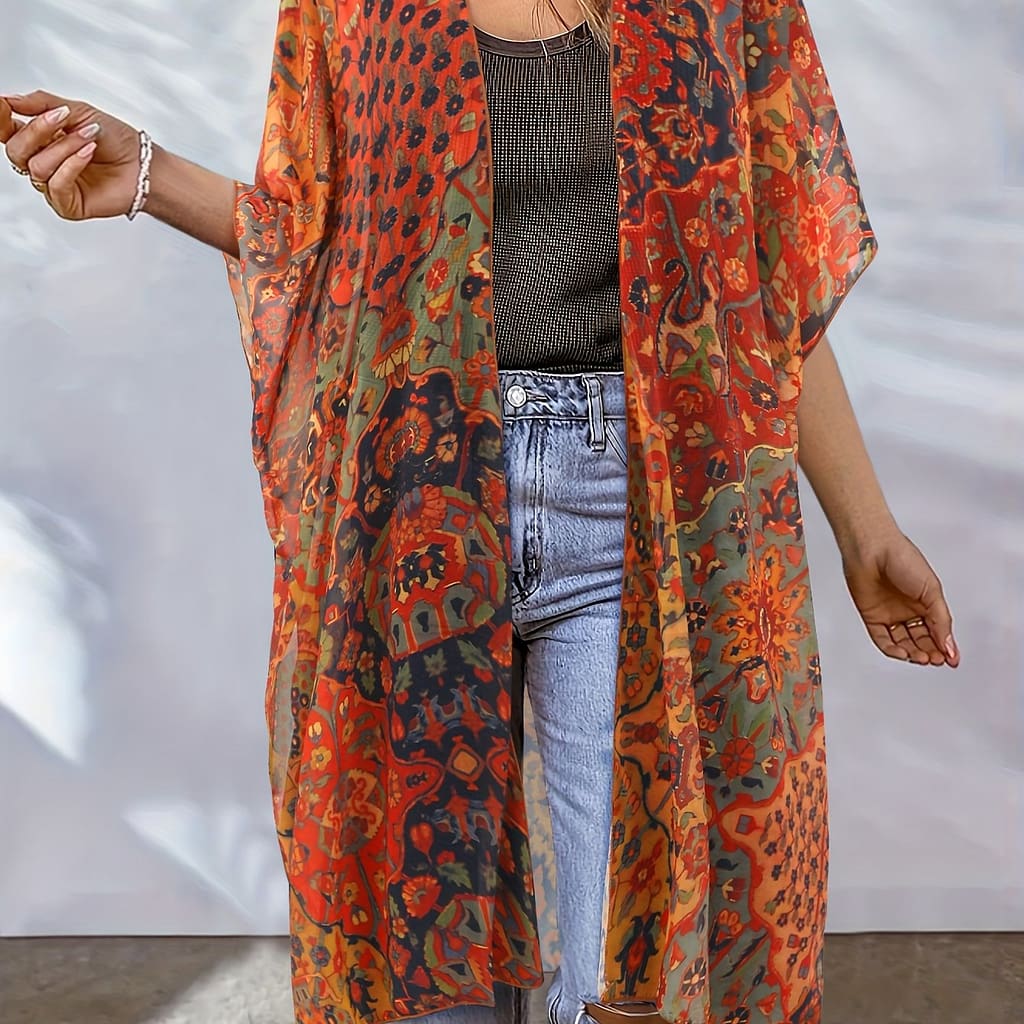 Plus Size Bohemian Floral Print Kimono Cardigan – Casual, Non-stretch Fabric, Versatile Open Front Cover-up For Women, Sun Protection, , Plus Size Kimono Clothing Shop Online at Dubai Trades 2