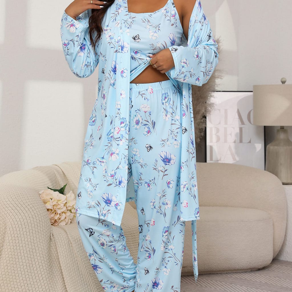 Plus Size Casual Pajama Set, Women’s Floral & Print Long Sleeve Belted Robe & Cami Top & Pants Lounge 3 Piece Set For Fall & Winter Clothing, Shoes & Jewelry Shop Online at Dubai Trades 2