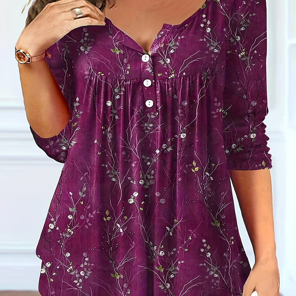 Plus Size Casual T-shirt, Women’s Plus Floral Print Button Up Ruched Long Sleeve V Neck Medium Stretch T-shirt Clothing Shop Online at Dubai Trades 2