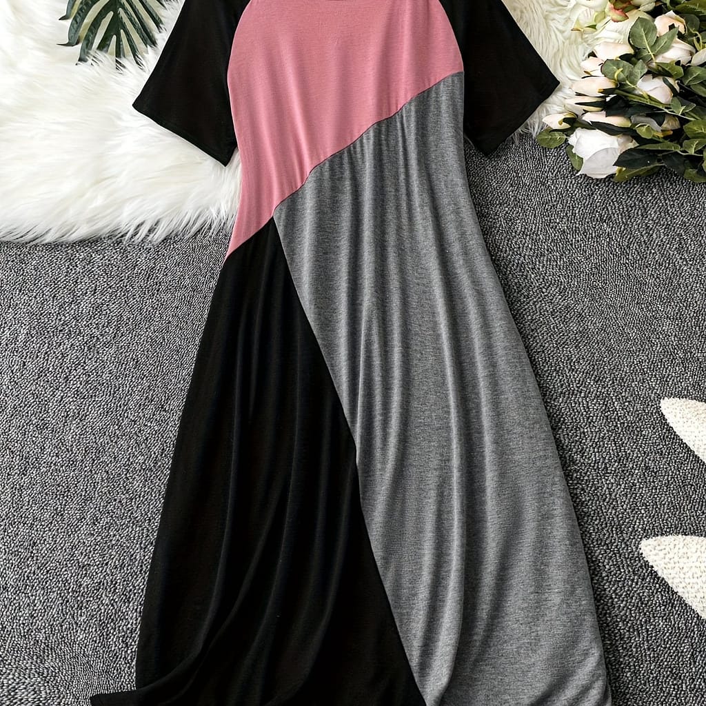 Plus Size Colorblock Loose Dress, Casual Short Sleeve Dress For , Women’s Plus Size Clothing Clothing Shop Online at Dubai Trades 2