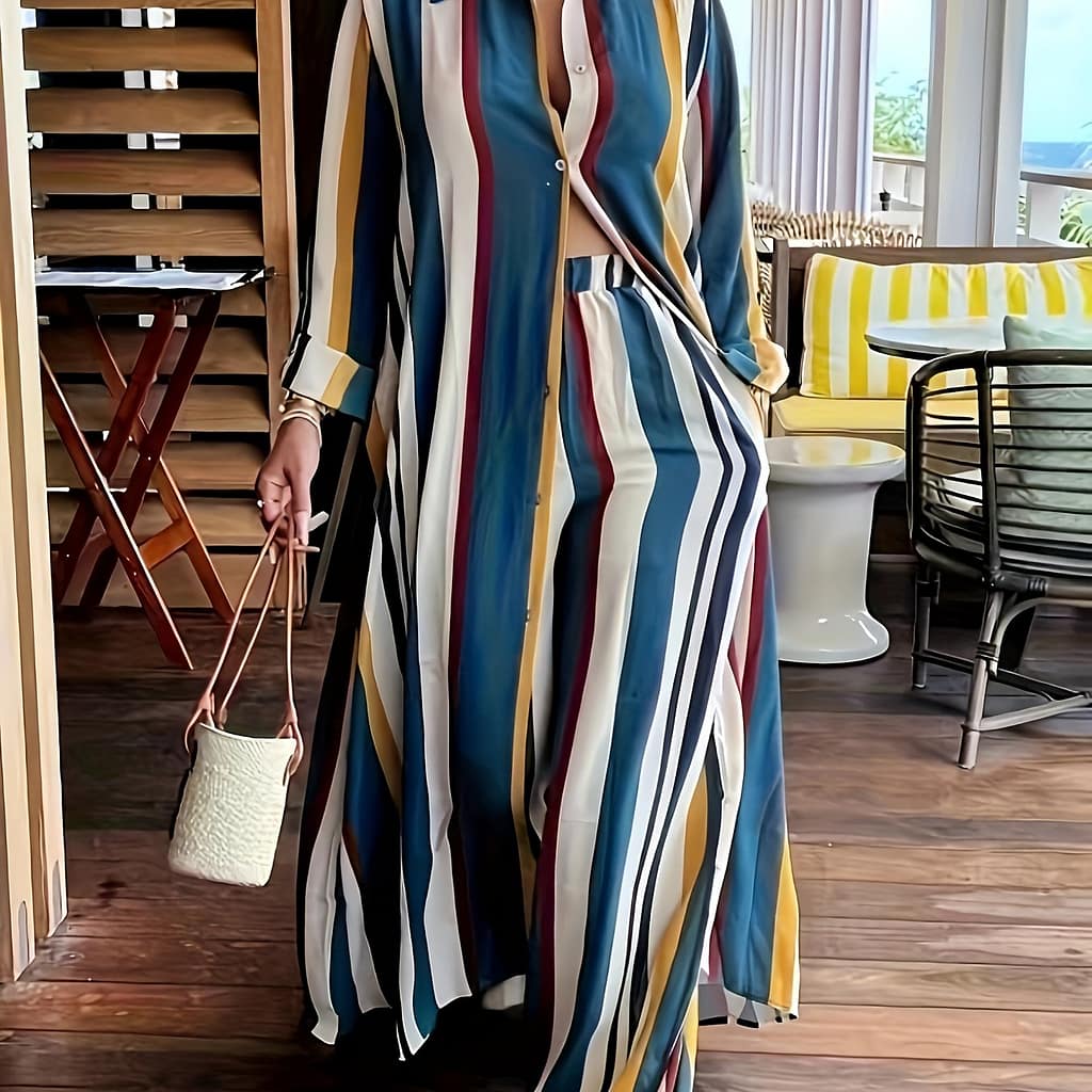 Plus Size Fashionable Outfits Set, Women’s Plus Striped Long Sleeve Button Up Shirt & Wide Leg Pants Outfits 2 Piece Set Clothing Shop Online at Dubai Trades 2