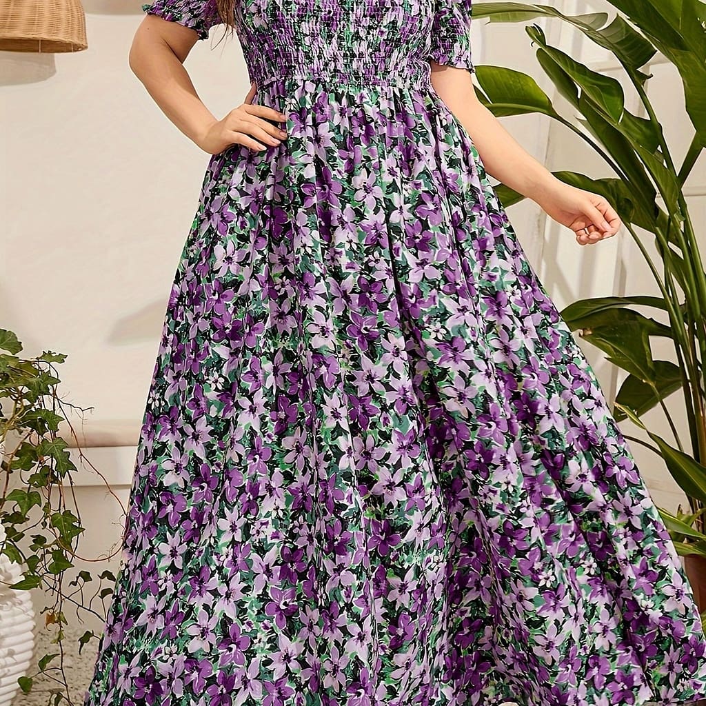 Plus Size Floral Print Cinched Waist Dress, Vacation Short Sleeve Shirred Maxi Dress For , Women’s Plus Size Clothing Clothing Shop Online at Dubai Trades 2