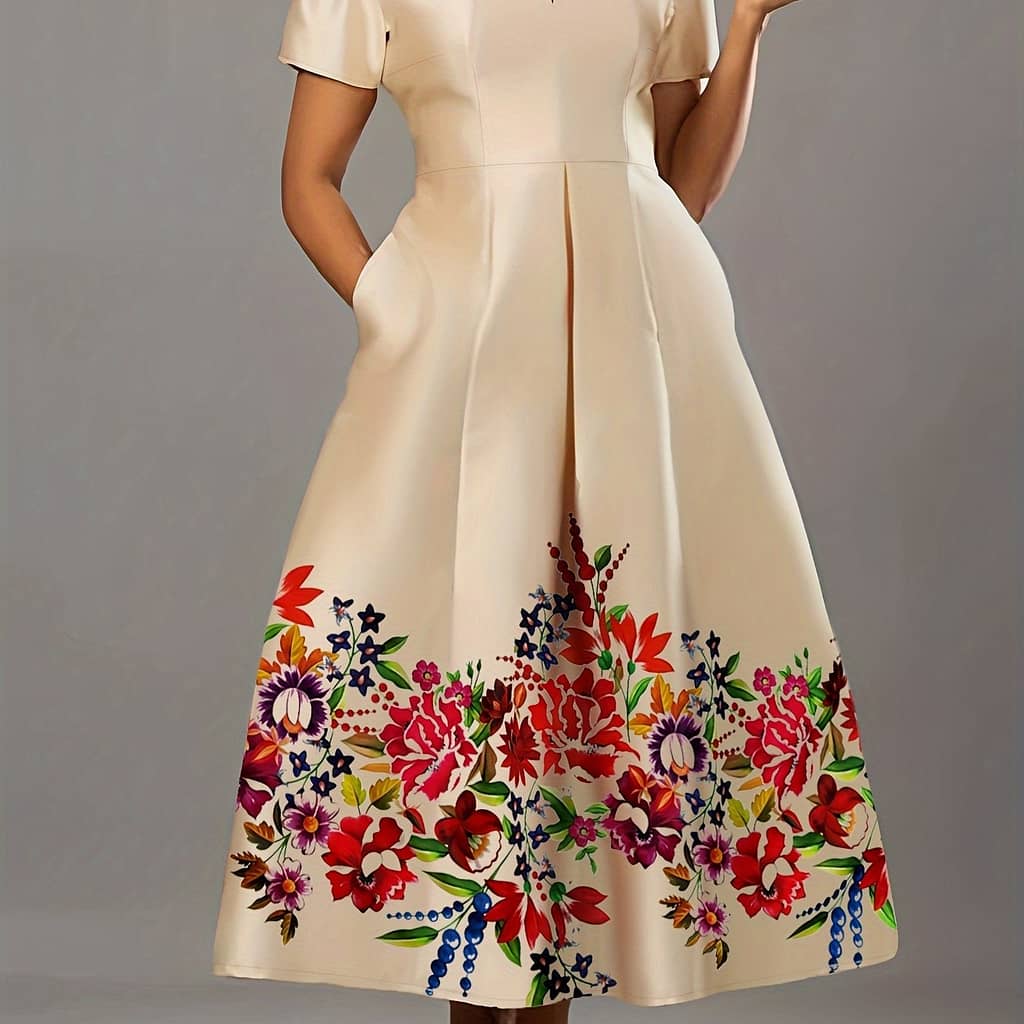 Plus Size Floral Print Dress, Elegant Short Sleeve Neck Dress For , Women’s Plus Size Clothing Clothing Shop Online at Dubai Trades 2