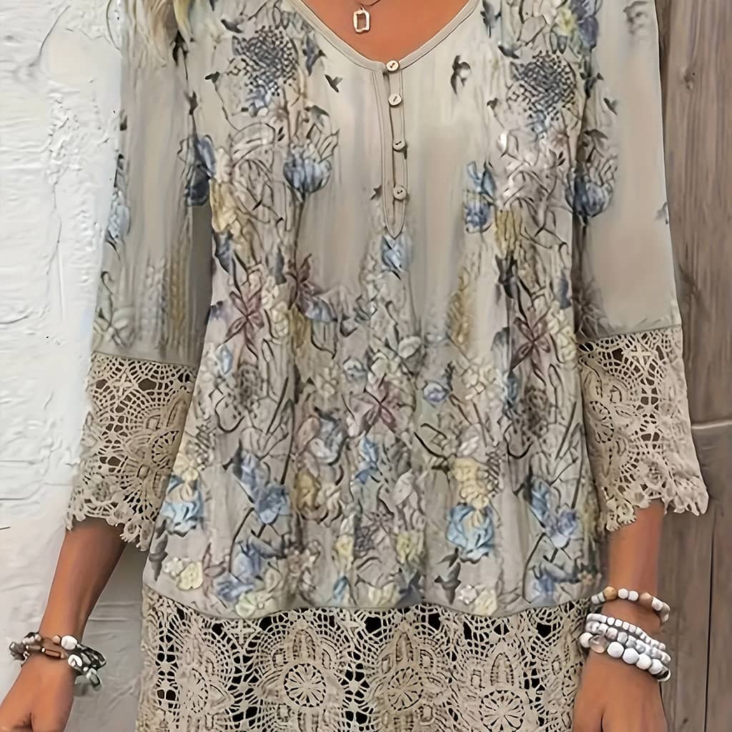 Plus Size Floral Print Lace Stitching T-shirt, Elegant Button Front 3/4 Sleeve V Neck Top For Spring & Fall, Women’s Plus Size Clothing Clothing Shop Online at Dubai Trades 2