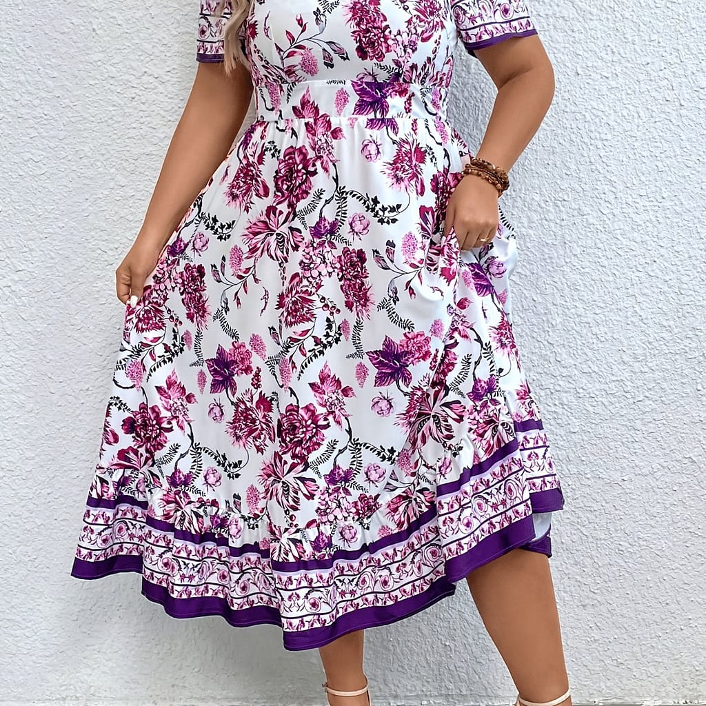 Plus Size Floral Print Ruffle Hem Dress, Casual Short Sleeve Dress For , Women’s Plus Size Clothing Clothing Shop Online at Dubai Trades 2