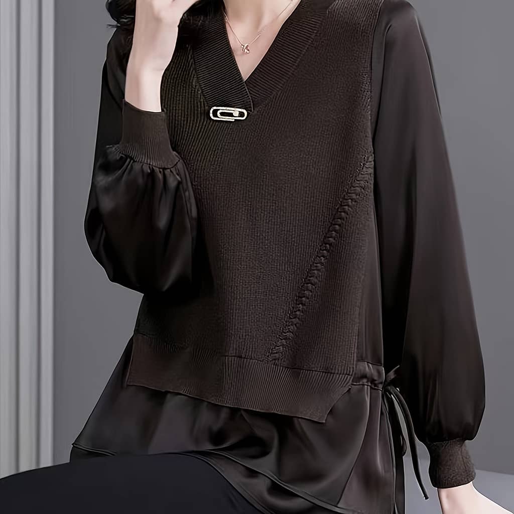 Plus Size Knit Sweater Top – Elegant V-neck Long Sleeve Asymmetrical Hem Pullover, Knit Fabric For Spring/fall Layering, ‘s Fashion, Semiformal Attire | Stylish Button Detail | Clothing Shop Online at Dubai Trades 2