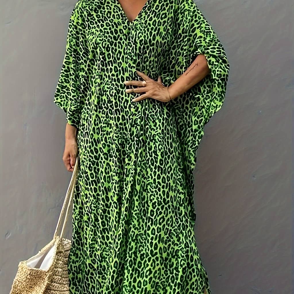 Plus Size Leopard Print Neck Split Side Batwing Sleeve Loose Fit Up Kaftan Dress, Women’s Swimwear & Clothing Clothing Shop Online at Dubai Trades 2