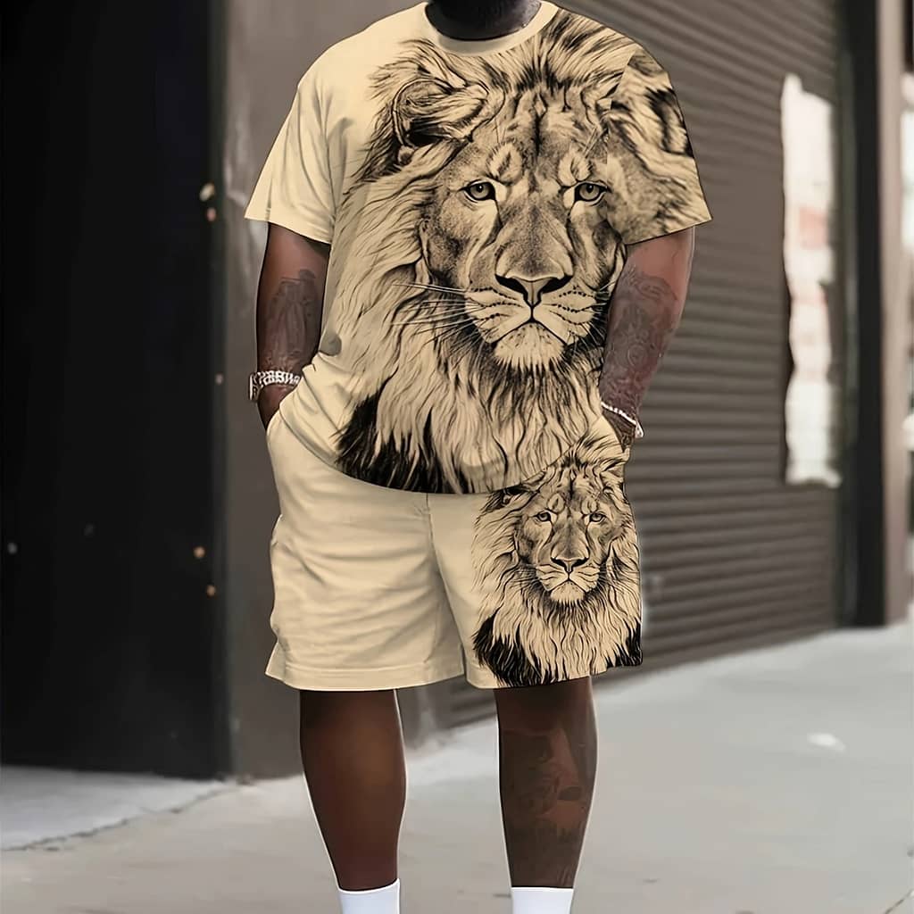 Plus Size Men’s Cool Lion Print T-shirt & Shorts Set For Summer, Casual Trendy 2pcs Clothing, Shoes & Jewelry Shop Online at Dubai Trades 2