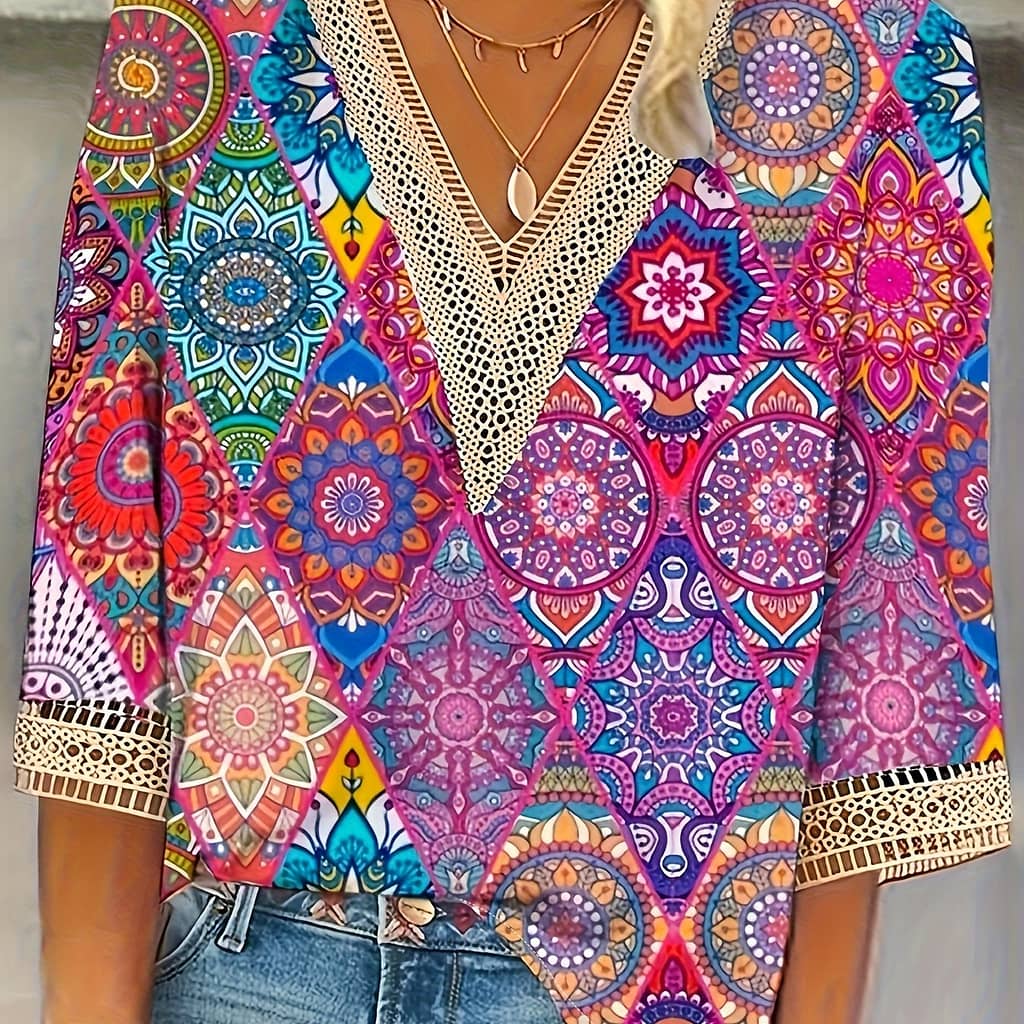 Plus Size Print V Neck Blouse, Casual Half Sleeve Blouse For , Women’s Plus Size Clothing Clothing Shop Online at Dubai Trades 2