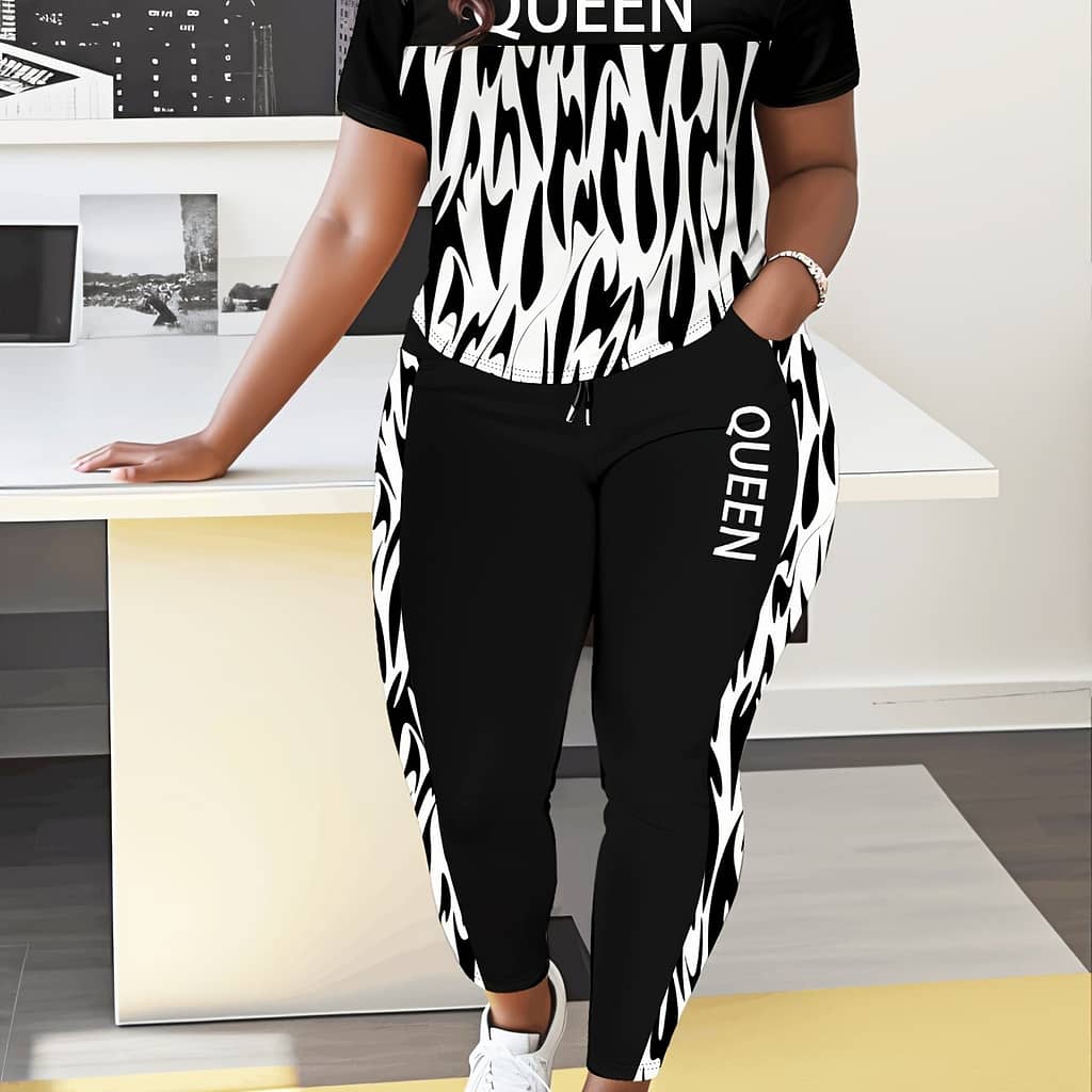 Plus Size Queen Letter Print Two-piece Set, Crew Neck Short Sleeve Top & Pants Outfits, Women’s Plus Size clothing Clothing Shop Online at Dubai Trades 2