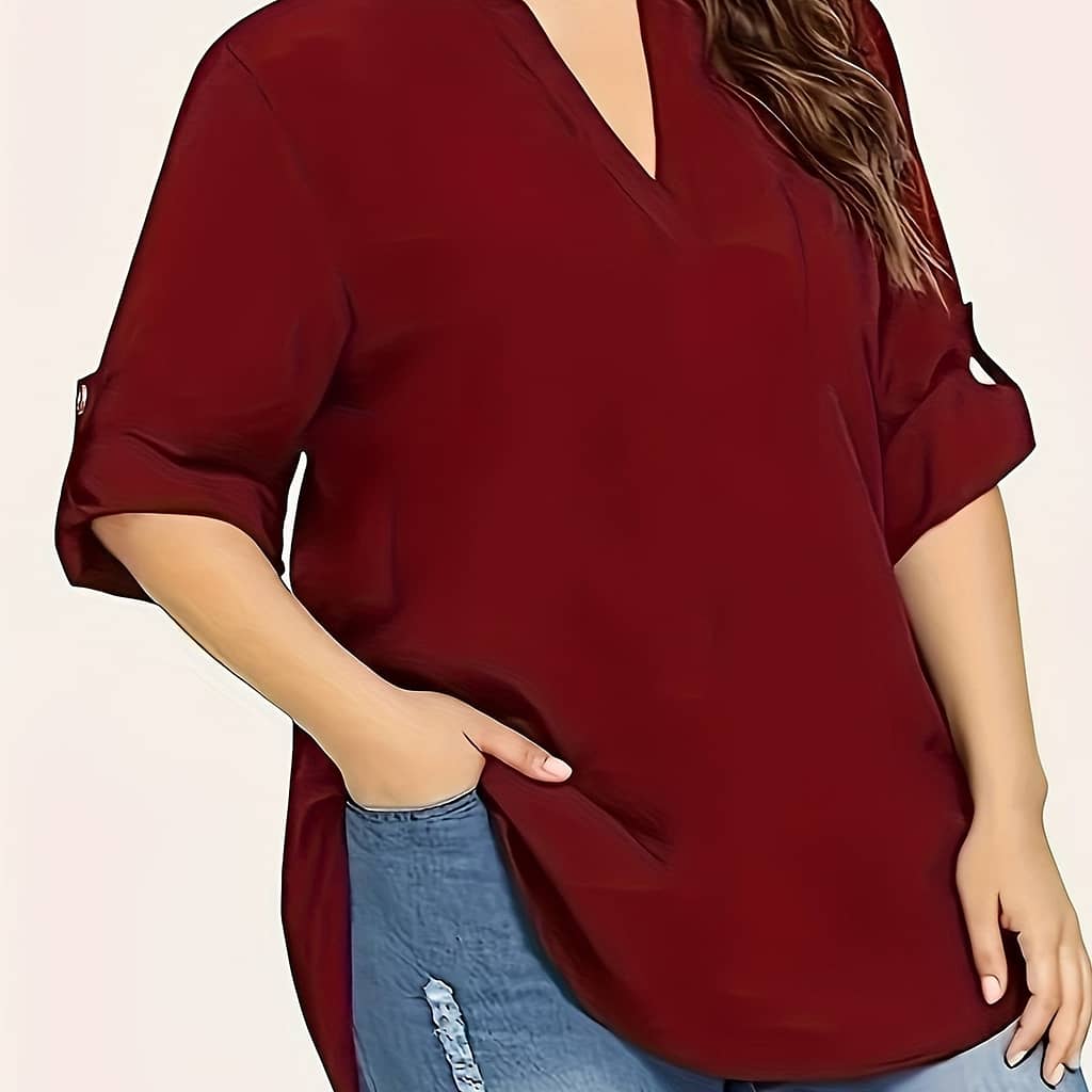 Plus Size Solid Blouse, Casual V Neck Long Sleeve Blouse For Spring & Fall, Women’s Plus Size Clothing Clothing Shop Online at Dubai Trades 2