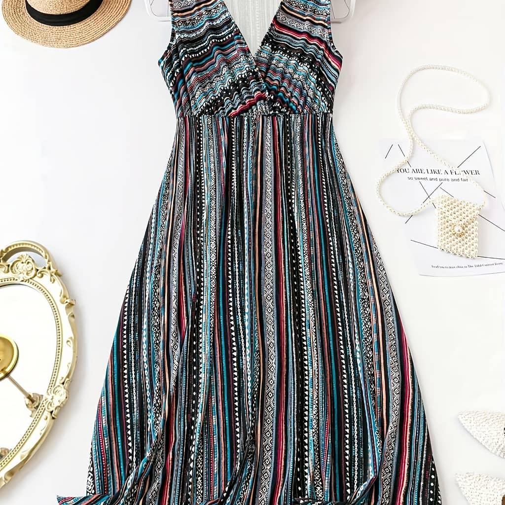 Plus Size Stripe Print Dress, Vacation V Neck Sleeveless Dress For , Women’s Plus Size Clothing Clothing Shop Online at Dubai Trades 2