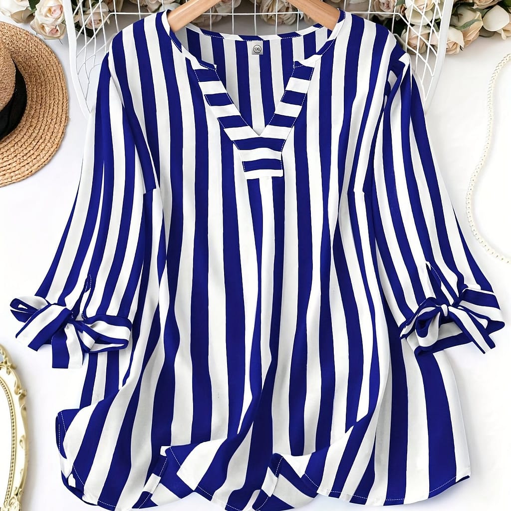 Plus Size Striped Print Blouse, Elegant Notched Neck Tie Cuff Top For Spring, Women’s Plus Size Clothing Clothing Shop Online at Dubai Trades 2