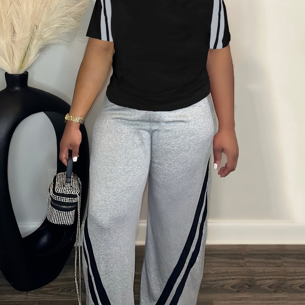 Plus Size Striped Print Two-piece Set, Crew Neck Short Sleeve Top & Pants Outfits, Women’s Plus Size clothing Clothing Shop Online at Dubai Trades 2