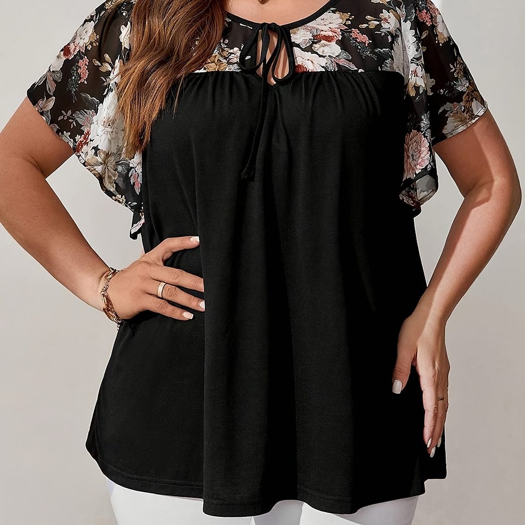 Plus Size Women’s Elegant Black Floral Print Blouse With Tie-front Detail, Sleeves, And Lace-like Fabric – , Plus Size Clothing | Blouse | Polyester Fabric Clothing Shop Online at Dubai Trades 2