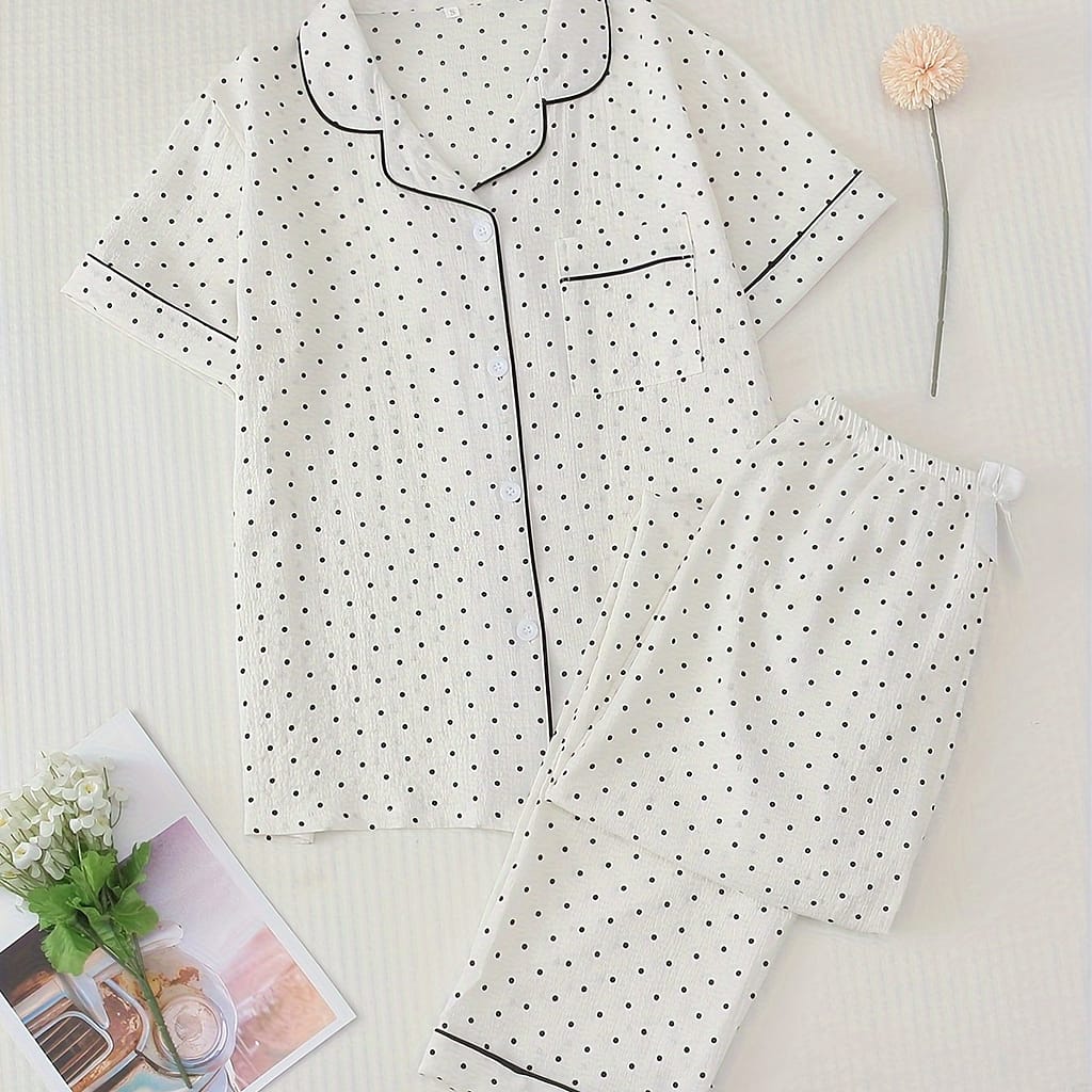 Polka Pajama Set, Short Sleeve Buttons Top & Waistband Pants, Women’s Sleepwear & Loungewear Clothing Shop Online at Dubai Trades 2