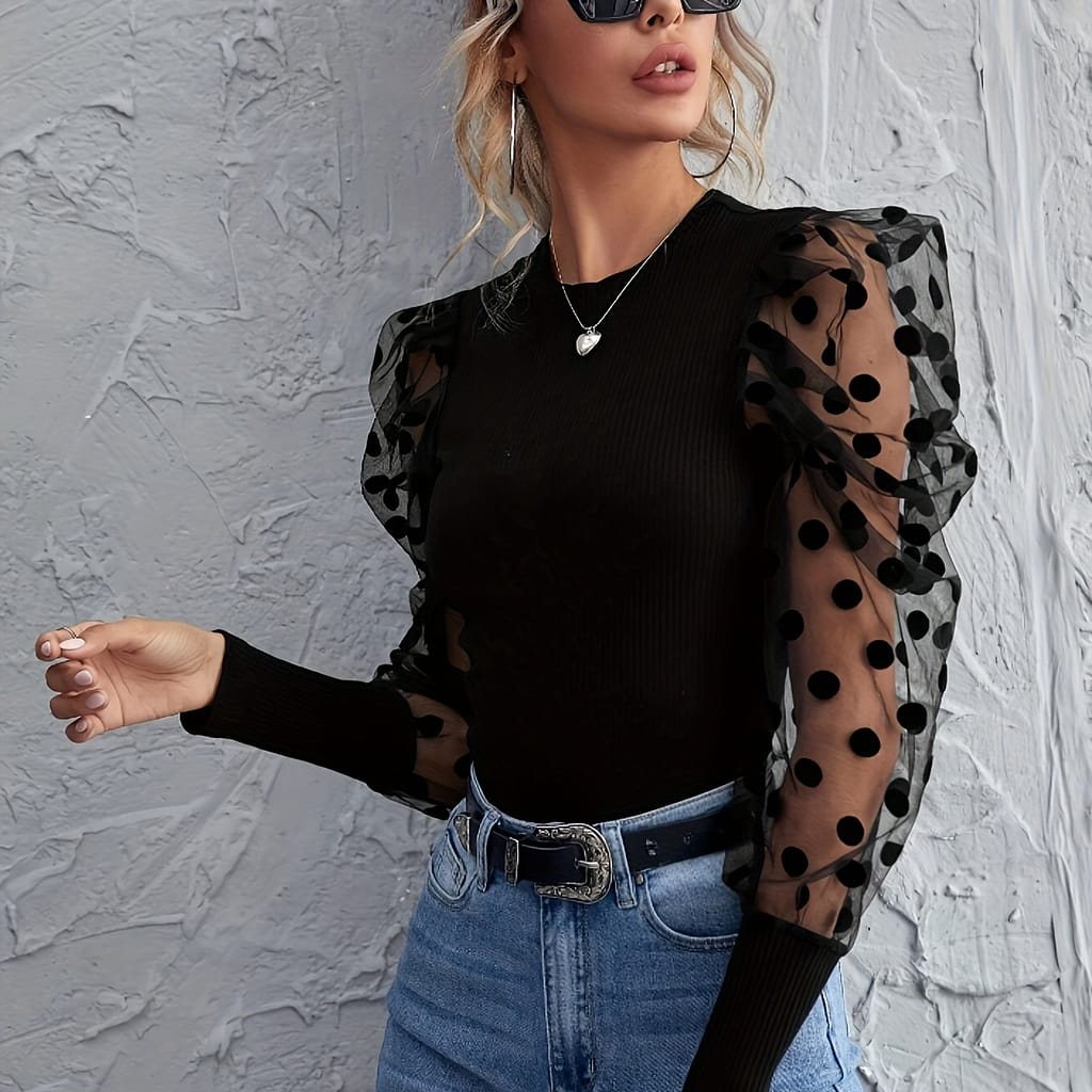 Polka-dot Long Illusion Sleeve Top, Elegant Crew Neck Slim Top For Spring & Fall, Women’s Clothing Clothing Shop Online at Dubai Trades 2
