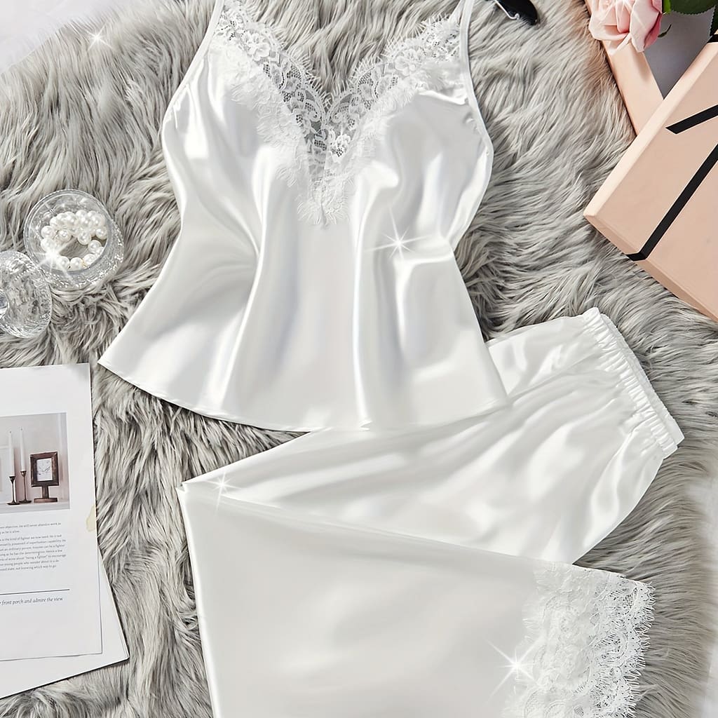 Polyester Casual Spaghetti Strap Sleeveless Pullover Pajama Sets, Solid Color, Contrast Lace, Elastic Pants, For Adult, Spring/summer/fall Clothing Shop Online at Dubai Trades 2