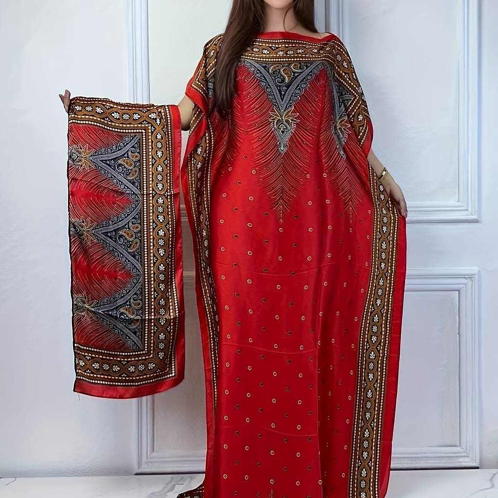 Print Boat Neck Abaya, Elegant Short Batwing Sleeve Loose Dress With Scarf For , Women’s Clothing Clothing, Shoes & Jewelry Shop Online at Dubai Trades 2