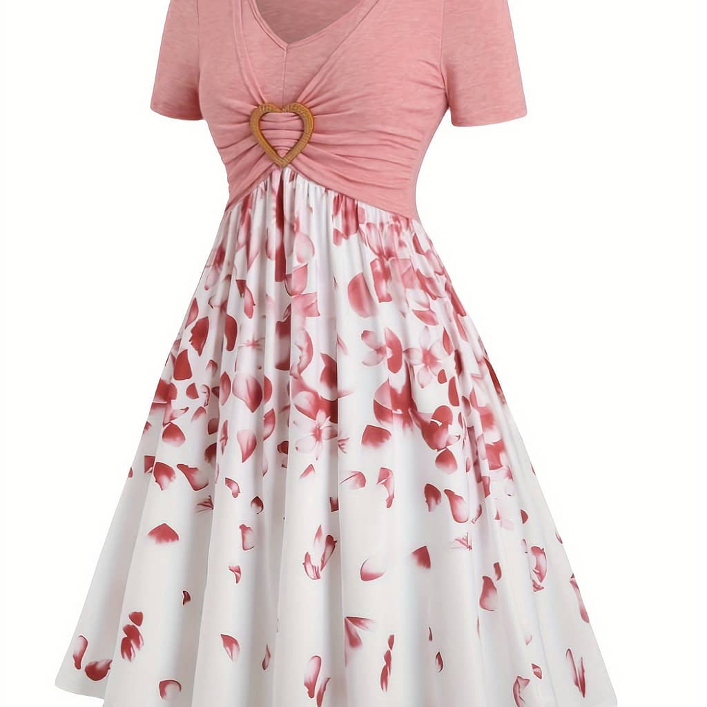 Print Heart Ring A-line Dress V-neck Short Sleeve Dress, Clothing Shop Online at Dubai Trades 2