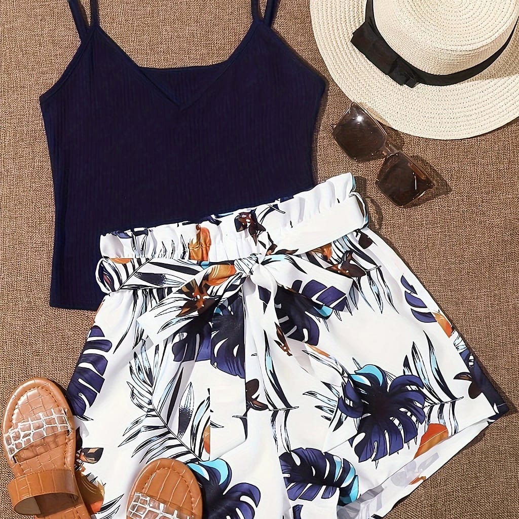 Print Knit Two-piece Set – V-neck Crop Top & High-waist Belted Shorts, Polyester , Machine Washable – Summer Clothing Shop Online at Dubai Trades 2