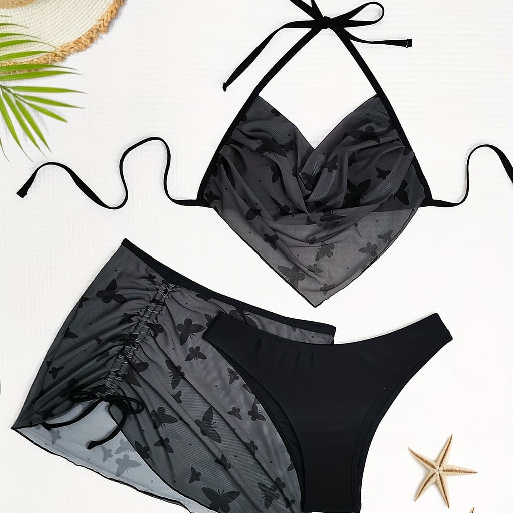 Print Mesh Halter Neck Strap 3 Piece Bikini, High Cut Swimsuit And Cover Up, Women’s Swimwear And Outfit Bikinis Shop Online at Dubai Trades 2