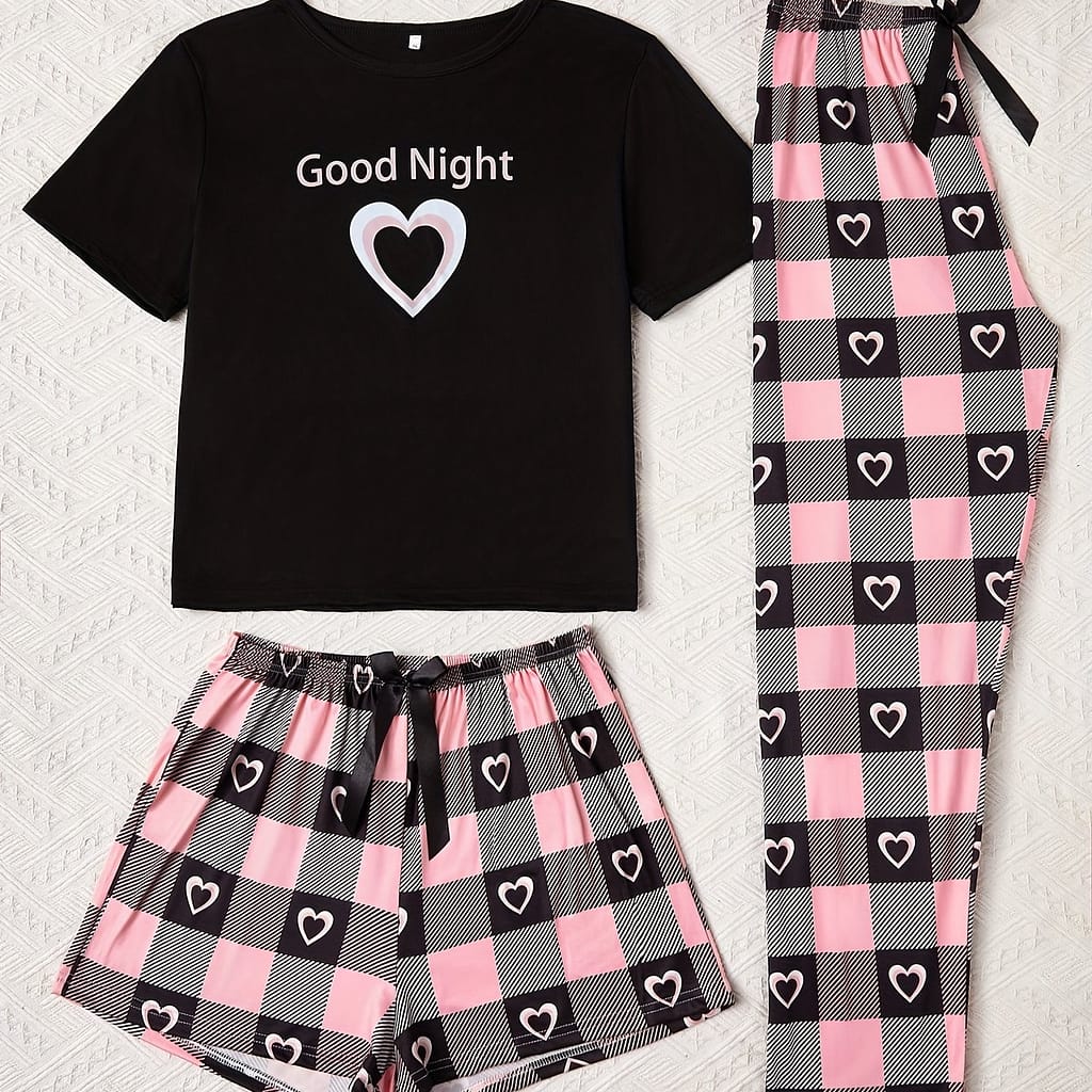 Print Slogan Pattern Black Short Sleeve Top + Plaid Love Shorts + Plaid And Love Long Pants With Bow Decoration Waistband 3pcs Pajama Casual Set Clothing Shop Online at Dubai Trades 2