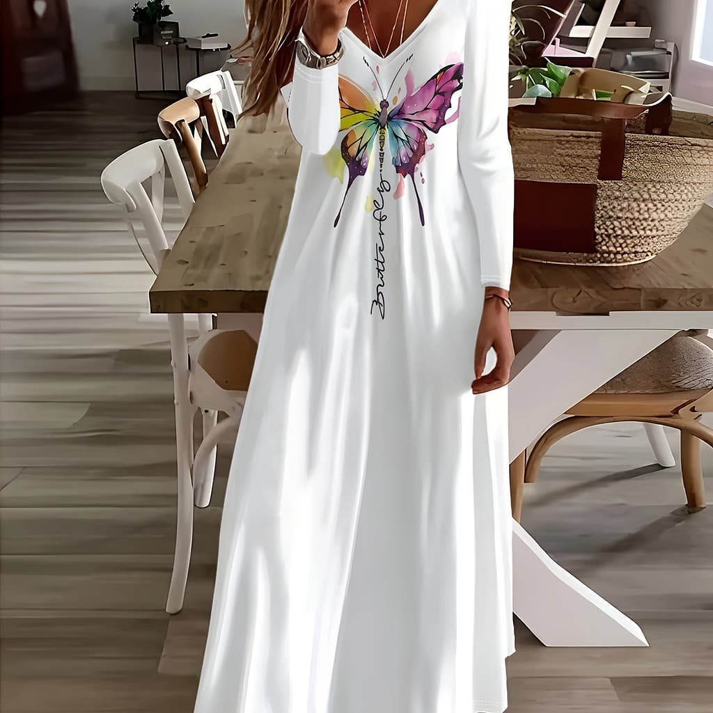 Print V-neck Dress, Long Sleeve A-line Maxi Dress For Spring & Fall, Women’s Clothing Clothing Shop Online at Dubai Trades 2