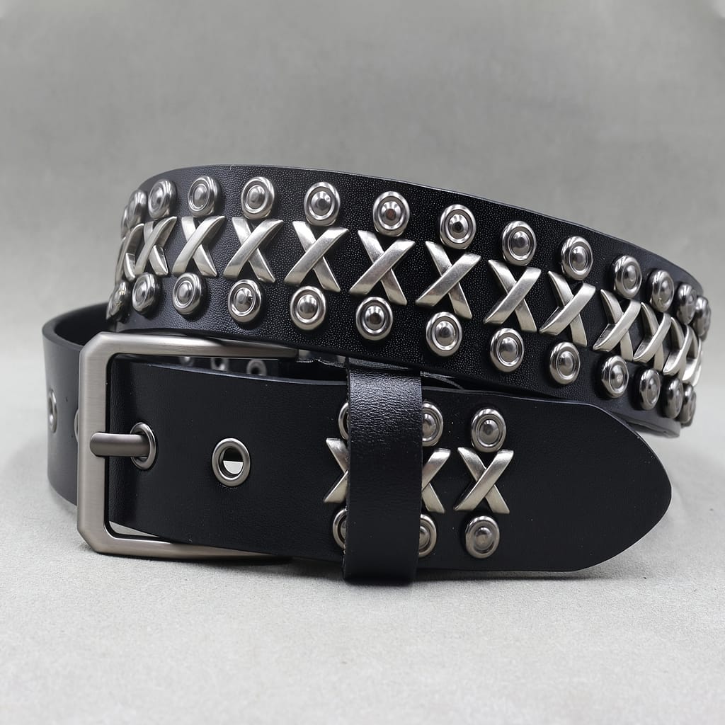 Punk Rock Genuine Leather Cowhide Belt With Metal Rivets – Square Buckle, Standard Size Accessories Shop Online at Dubai Trades 2