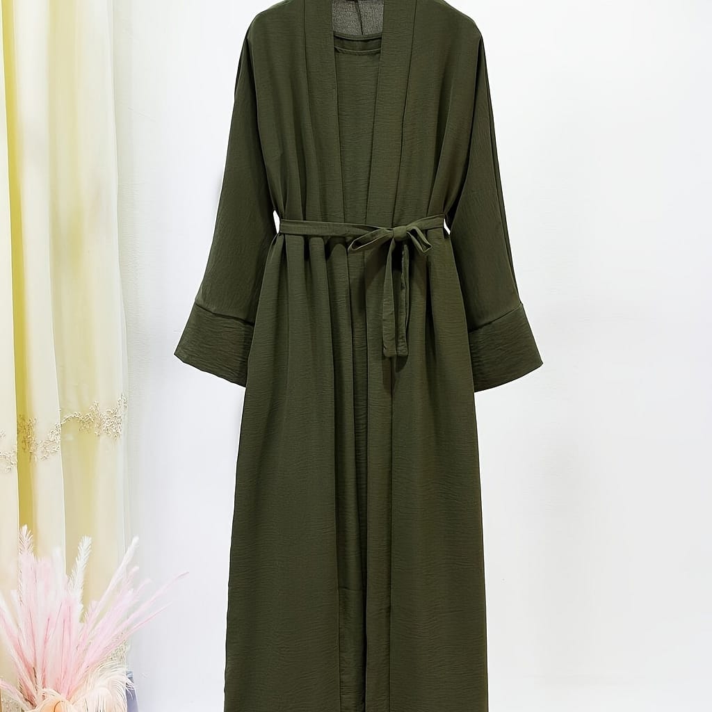 Ramadan Solid Color Modest Dress Set, Casual Crew Neck Sleeveless Dress & Open Front Long Sleeve Tie Cardigan Outfits, Women’s Clothing Abayas Shop Online at Dubai Trades 2