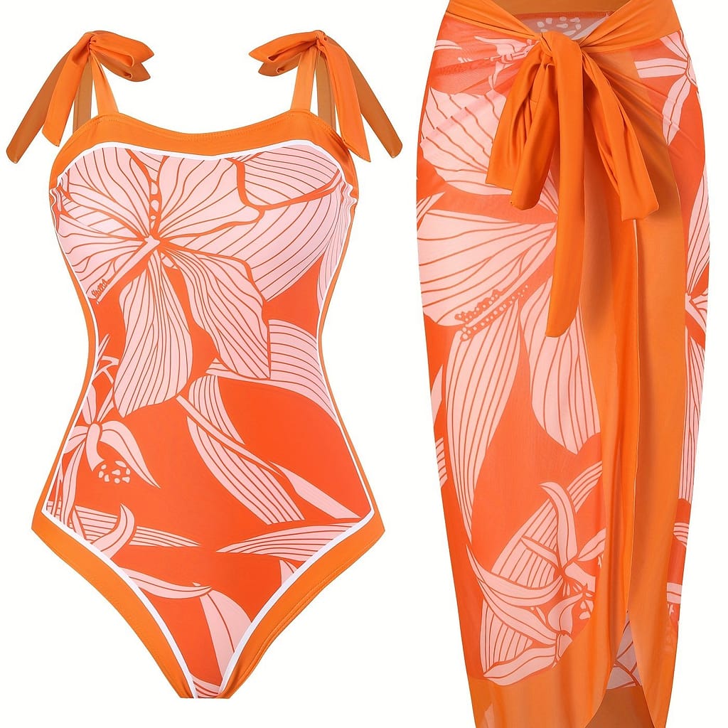 Red Floral Print Elegant Stretchy 2 Piece Swimsuits, Tie Shoulder One-piece Bathing-suit & Cover Up Skirt, Women’s Swimwear & Clothing For Holiday Clothing Shop Online at Dubai Trades 2