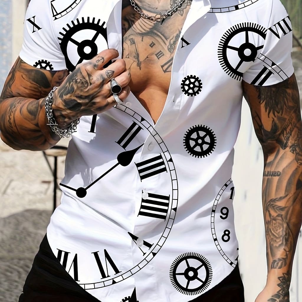 Retro Clocks Random Print Men’s All- Short Sleeve Lapel Shirt, Top Casual Button-Down Shirts Shop Online at Dubai Trades 2