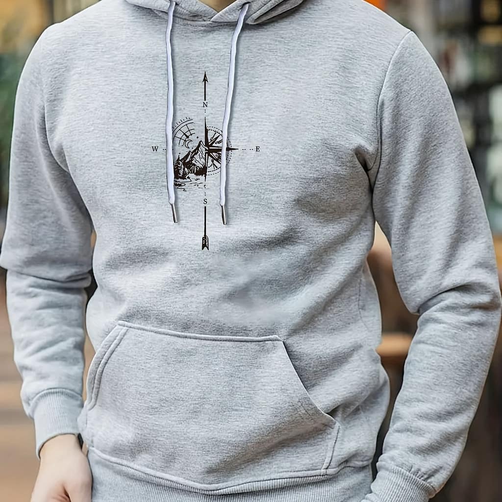 Retro Compass Print Hoodie, Cool Hoodies For Men, Men’s Casual Graphic Design Pullover Hooded Sweatshirt With Kangaroo Pocket Streetwear For Winter Fall, As Gifts Active Shop Online at Dubai Trades 2