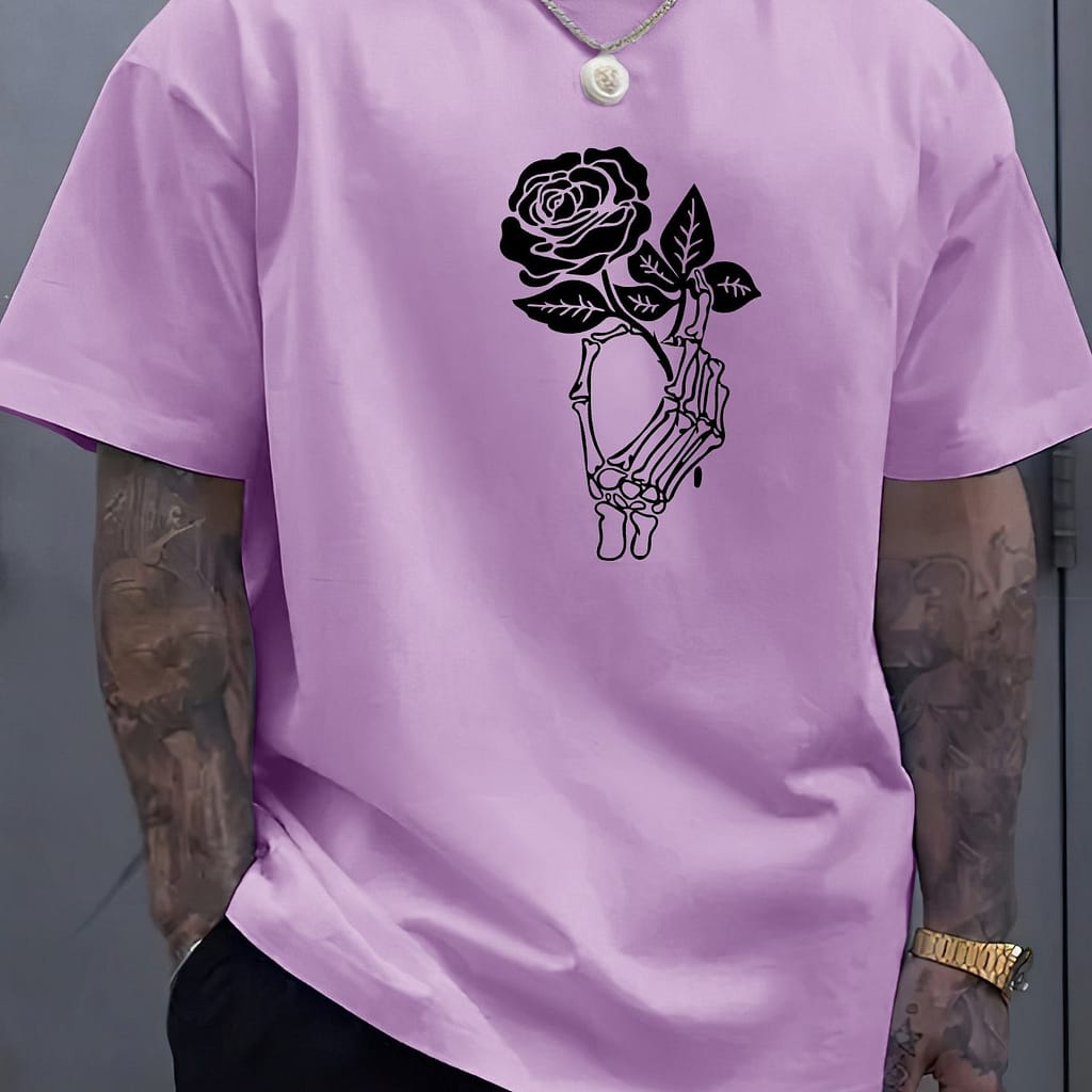 Rose Creative Print Summer Casual T-shirt Short Sleeve For Men, Sporty Style, Neck Top For Clothing Shop Online at Dubai Trades 2