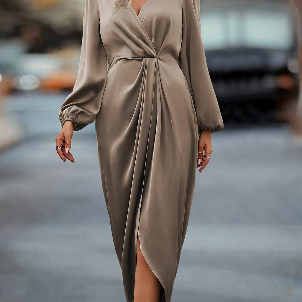 Ruched Cinched Waist Wrap Surplice Neck Dress, Elegant Long Sleeve Dress For Spring & Fall, Women’s Clothing Clothing Shop Online at Dubai Trades 2
