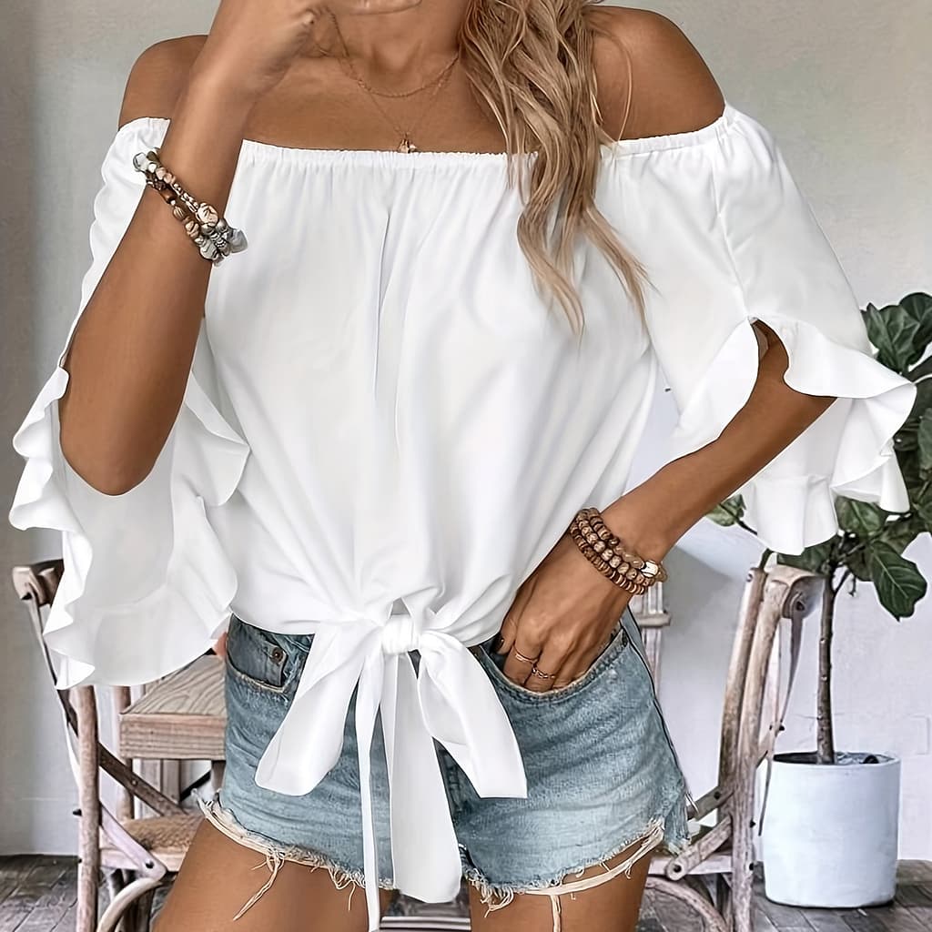 Ruffle Trim Off-shoulder Blouse, Casual Knot Hem Three-quarter Sleeve Blouse For , Women’s Clothing Blouses Shop Online at Dubai Trades 2