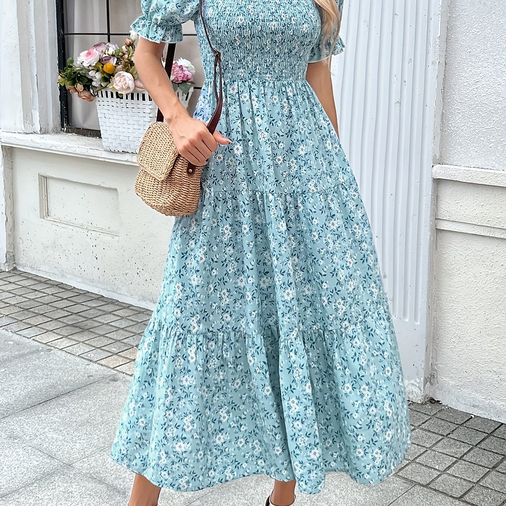 Sense Small Crowd Floral Backless Printed Sleeve Pleated Big Skirt Short Sleeve Dress For Women Clothing Shop Online at Dubai Trades 2
