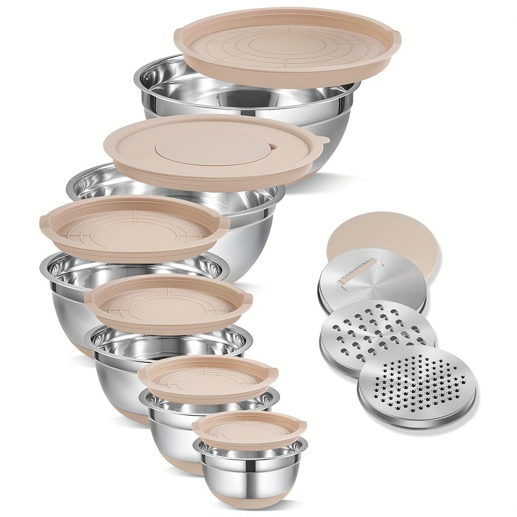 Set, 6pcs Mixing Bowls With And 3pcs Grater Attachments, Stainless Steel Salad Set, 0.95l+1.4l+1.9l+2.4l+3.2l+6.5l, Baking Tools, Home Kitchen Accessories (khaki) Bakeware Shop Online at Dubai Trades 2