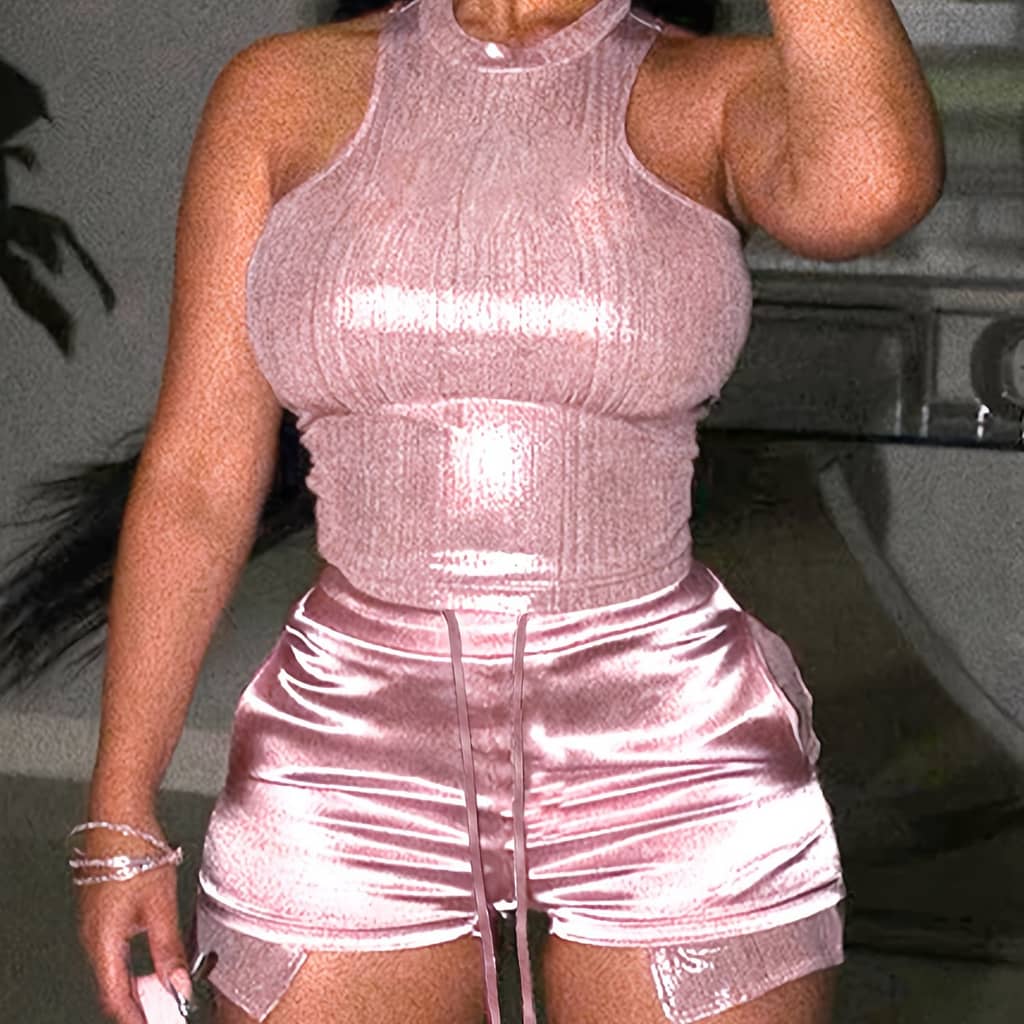 Sexy Solid Color Shorts Set, Mock Neck Sleeveless Tank Top & Drawstring Waist Skinny Shorts Outfits For , Women’s Clothing Clothing Shop Online at Dubai Trades 2