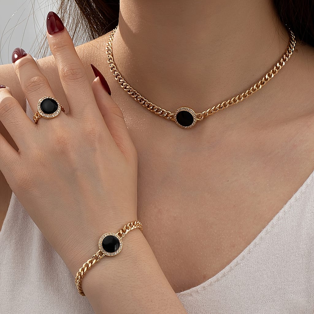 Simple And Elegant Black Round Necklace, Ring, Bracelet, Three-piece Set Clothing, Shoes & Jewelry Shop Online at Dubai Trades 2