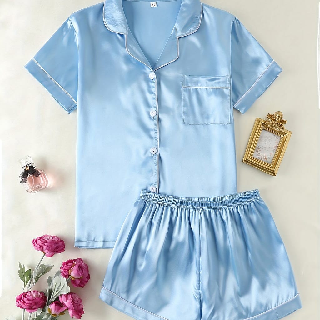 Simple Solid Satin Lounge Set, Short Sleeve Button Up Lapel Collar Top & Shorts, Women’s Loungewear Clothing Shop Online at Dubai Trades 2