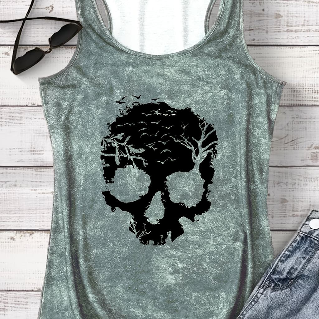 Skull Print Tank Top, Sleeveless Casual Top For Summer & Spring, Women’s Clothing Clothing Shop Online at Dubai Trades 2