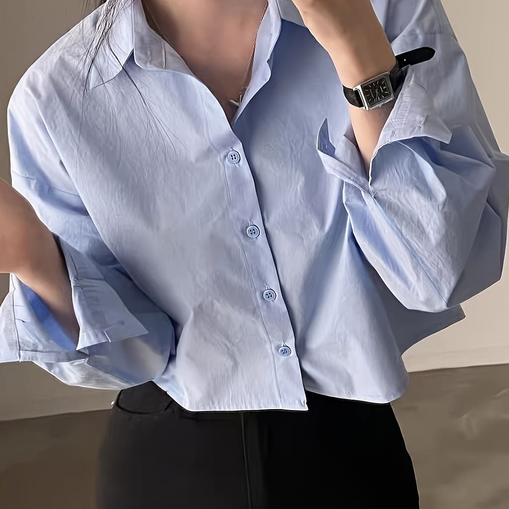 Solid Button Front Simple Shirt, Elegant Long Sleeve Split Crop Shirt, Women’s Clothing Blouses Shop Online at Dubai Trades 2