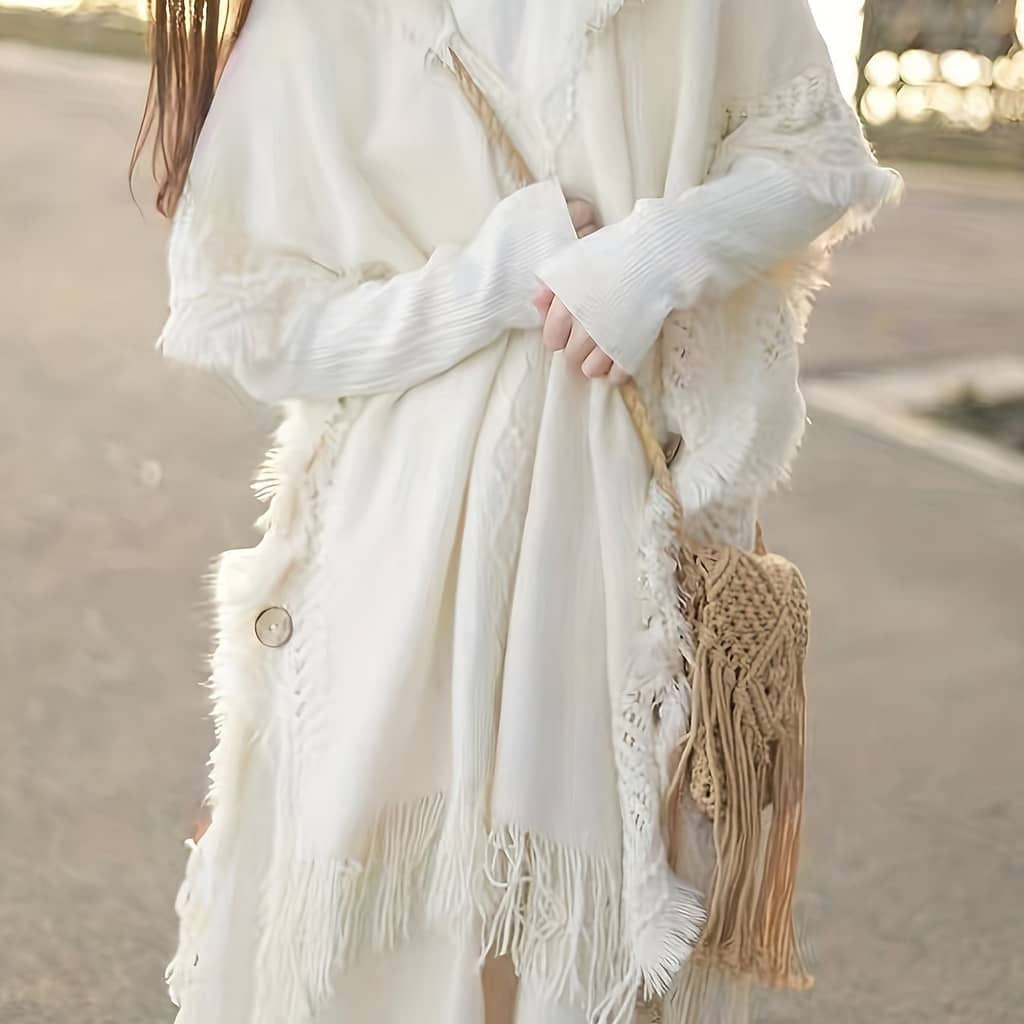 Solid Button Side Hooded Cape Sweater, Elegant Tassel Trim Poncho Pullover Sweater, Women’s Clothing Clothing Shop Online at Dubai Trades 2