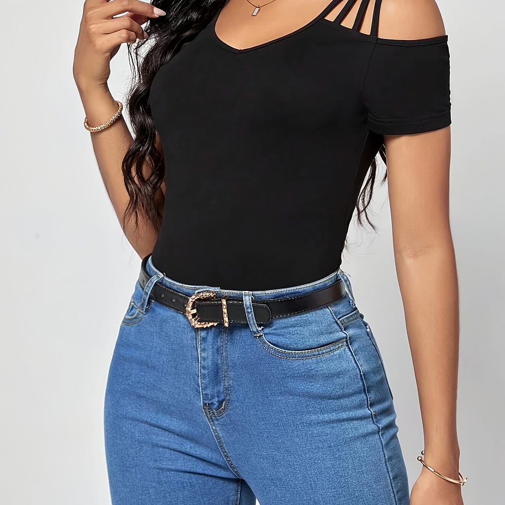 Solid Cold Shoulder T-shirt, Casual Short Sleeve T-shirt For , Women’s Clothing Clothing Shop Online at Dubai Trades 2