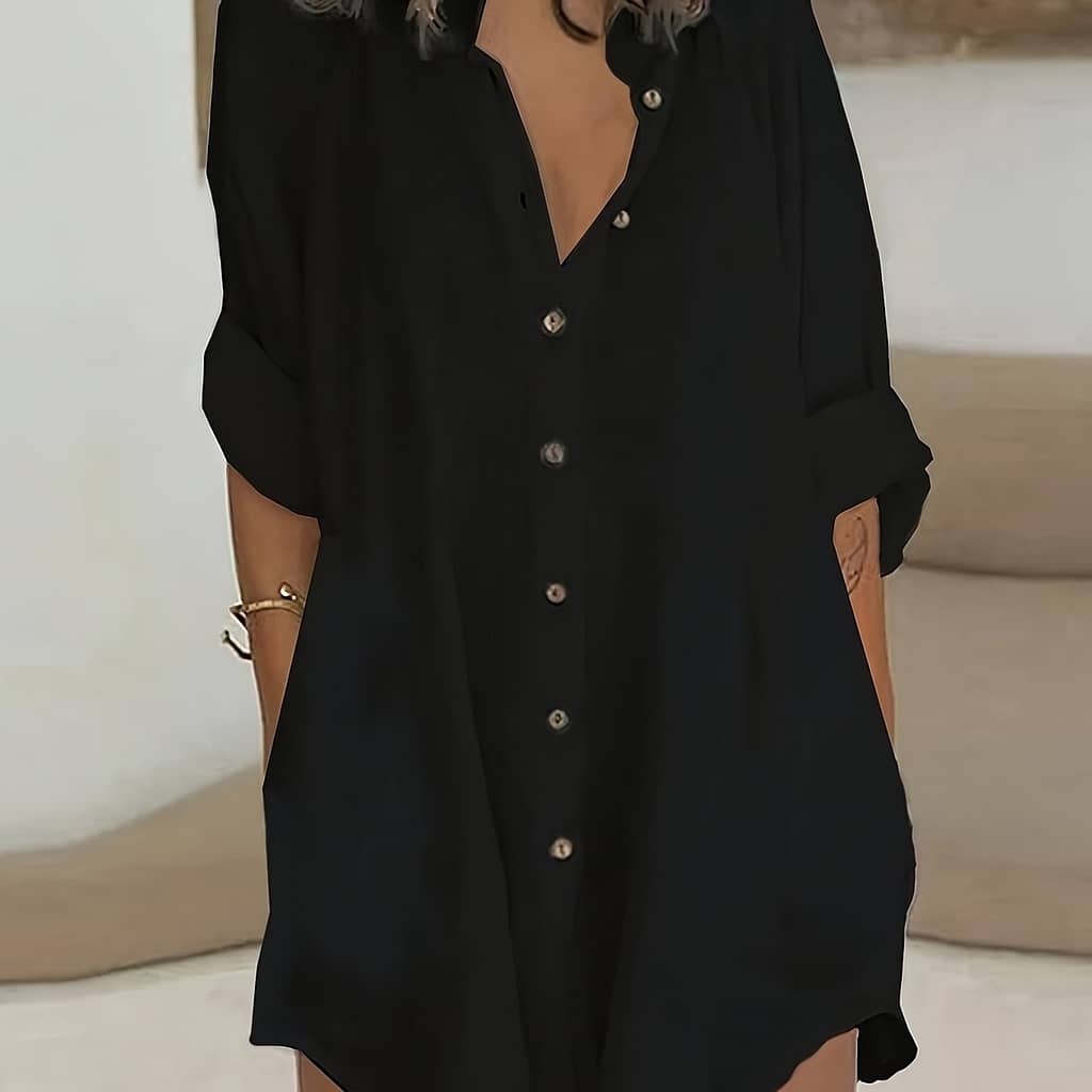Solid Color Button Front Blouse, Versatile Long Sleeve Midi Simple Blouse For Spring & Fall, Women’s Clothing Blouses Shop Online at Dubai Trades 2