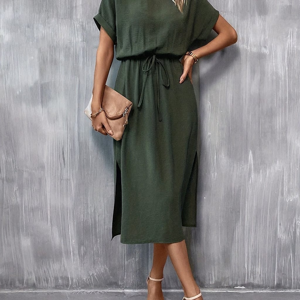 Solid Color Crew Neck Dress, Elegant Short Sleeve Drawstring Waist Split Hem A-line Dress For , Women’s Clothing Clothing Shop Online at Dubai Trades 2