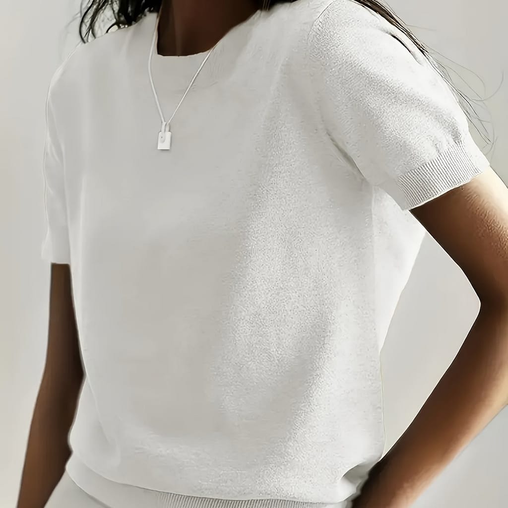 Solid Color Crew Neck Knitted T-shirt, Casual Short Sleeve T-shirt For , Women’s Clothing Clothing Shop Online at Dubai Trades 2