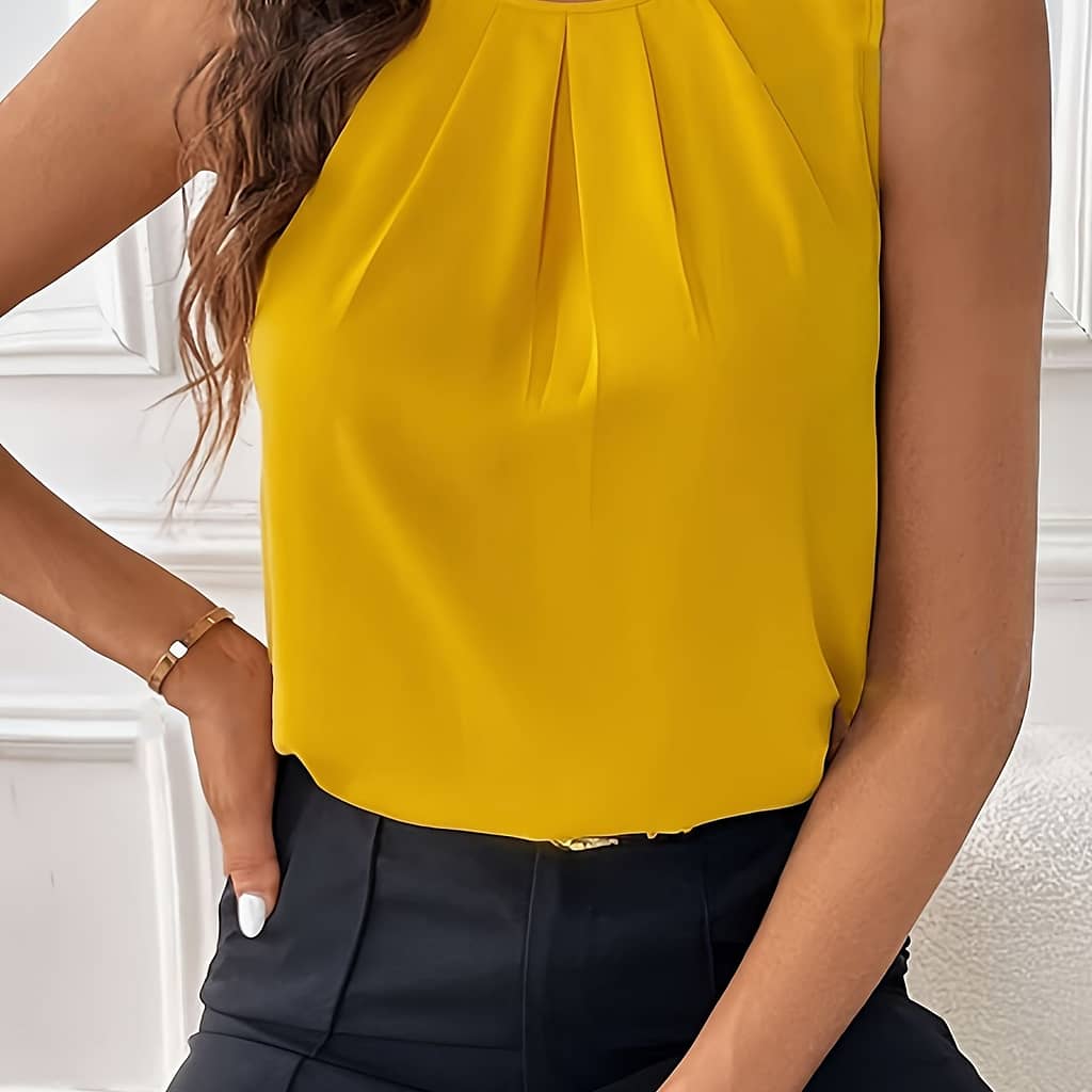 Solid Color Crew Neck Tuck Blouse, Casual Sleeveless Blouse For , Women’s Clothing Blouses Shop Online at Dubai Trades 2