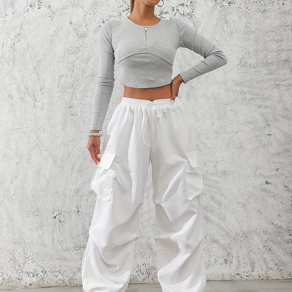 Solid Color Drawstring Baggy Cargo Pants, Casual Flap Versatile Pants, Women’s Clothing Clothing Shop Online at Dubai Trades 2
